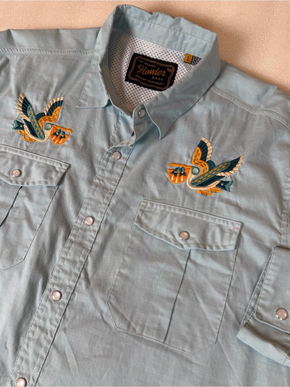 Howler Men's Large Pelicans Gaucho Pearl Snapshirt Fishing Hiking Shirt Camping